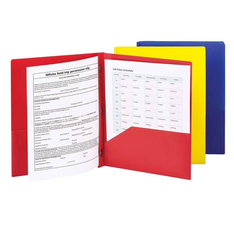 Smead Poly Two-Pocket Folder, Three-Hole Punch Prong Fasteners, Letter Size, Assorted Colors, 3 per Pack (87738) - Image 5